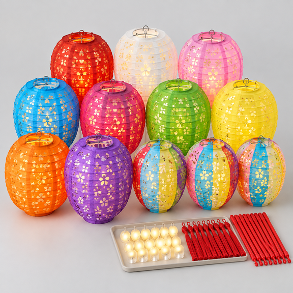 12Pcs Paper Lanterns Chinese Japanese Colorful Hanging Paper Lanterns with LED Lights 8inch Oval Decorative Asian Lanterns Lamps with Tassel Stick for Wedding Birthday Festival Party Decorations