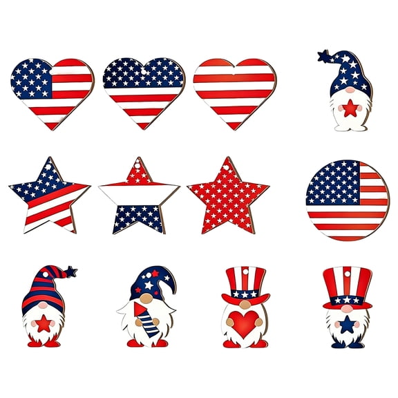 12Pcs Patriotic Decorative Wooden Signs, American Flag Heart Star Gnome Wood Cutouts for Independence Day, 4th of July, Memorial Day, Labor Day, Veterans Day, Home Office Decor - Rustic USA Themed Wo