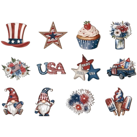 12Pcs Patriotic Decorative Wooden Signs, USA American Flag Star Gnome Truck Cupcake Floral Designs for Independence Day, 4th of July, Memorial Day, Labor Day, Home Room Table Wall Decor - Rustic Vint