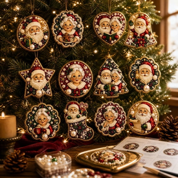 12Pcs Pearl Diamond Art Painting Kit,DIY Christmas Ornament Diamond Art Kit for Adults,with Twine for Christmas Tree & Window Hanging Decorations(B)