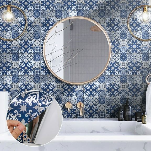 12Pcs Peel and Stick Tile Wall Stickers Kitchen Tiles Backsplash Blue Gray Flowers Pattern 6"x6" DIY Decals