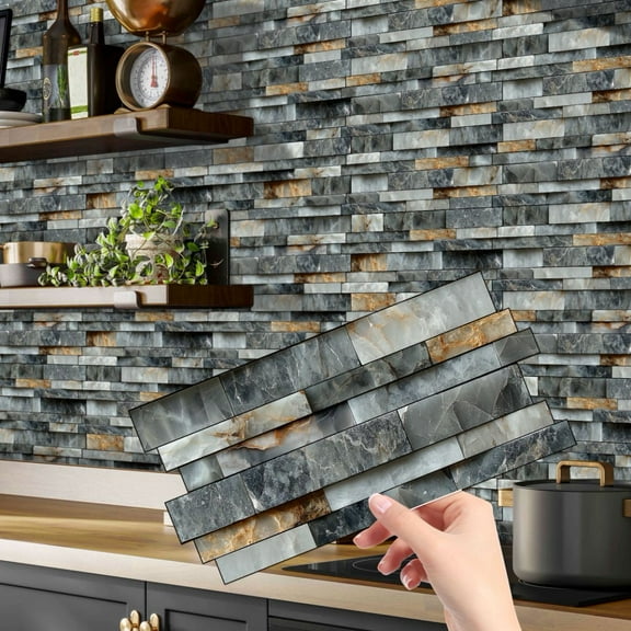 12Pcs Peel and Stick Waterproof Tiles Stickers 4.72 x 9.68inch Gray Brown Stone Mosaic Pattern DIY Wall Decals Self Adhesive Backsplash Kitchen Decor