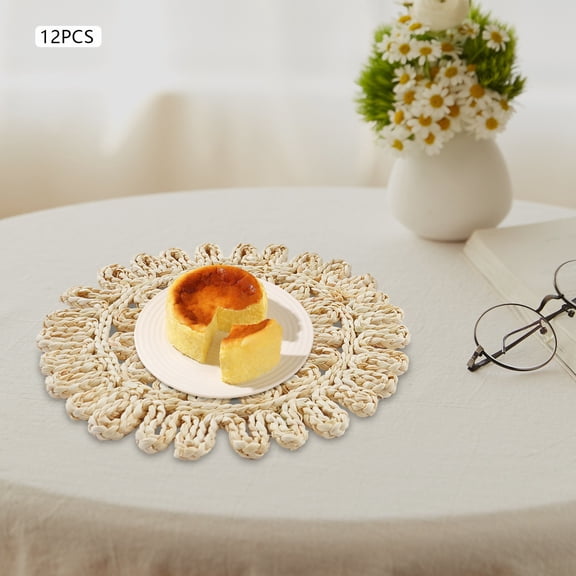12Pcs Petal Shaped Plate Mats Round Corn Husk Weave Table Place Mat Decor Home