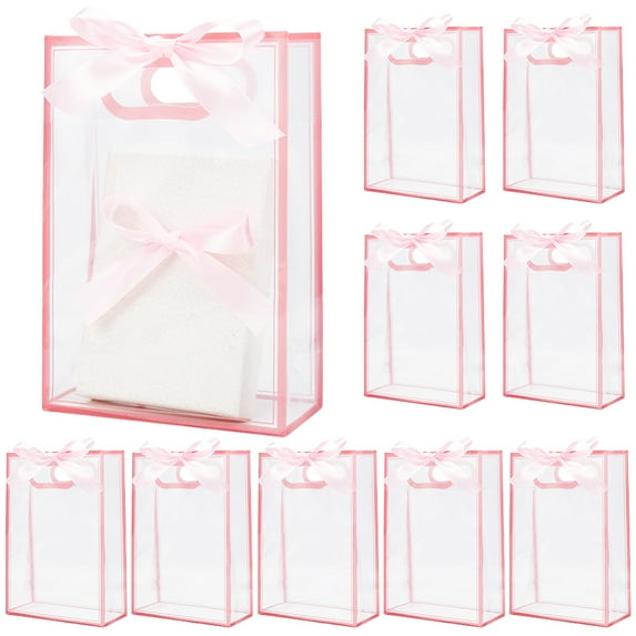 12Pcs Pink Clear Party Favor Bags Gift Wrap Plastic Tote Rectangle Transparent with Handle 23m Ribbon Wedding Valentines Reusable Small Flower Bags