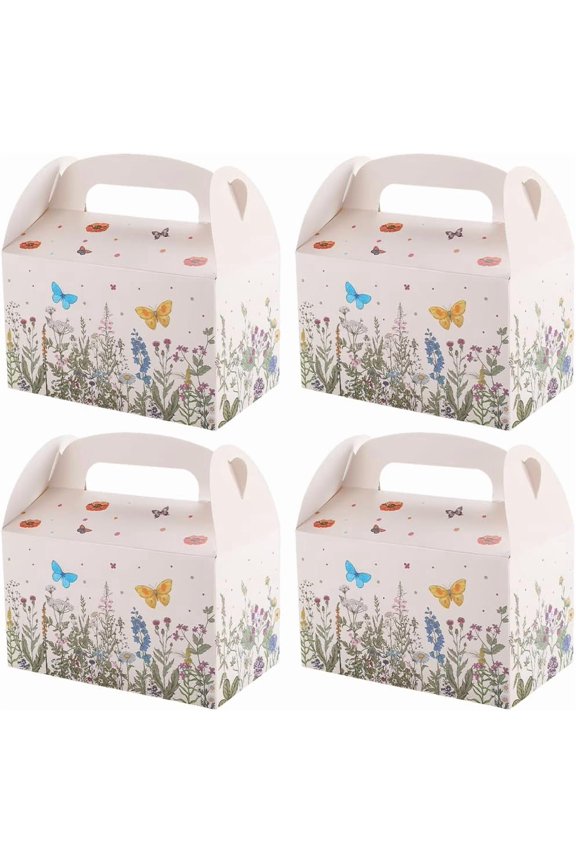 12Pcs Pink Floral Paper Gift Boxes Rectangle 3.7x6.3x3.7 Inch Daisy Butterfly Flower Gable Boxes with Handles for Candy Wedding Birthday Tea Bridal Shower Party Favor Supplies