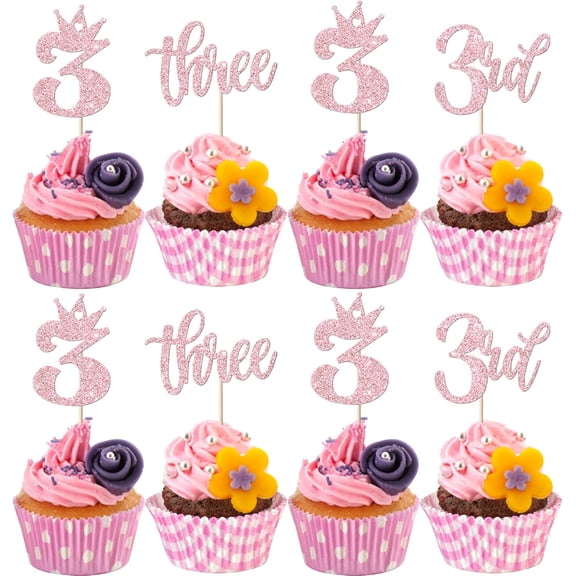 12Pcs Pink Glitter 3rd Birthday Cupcake Toppers, Number 3 Cake Picks for Kids 3rd Birthday Party Supplies