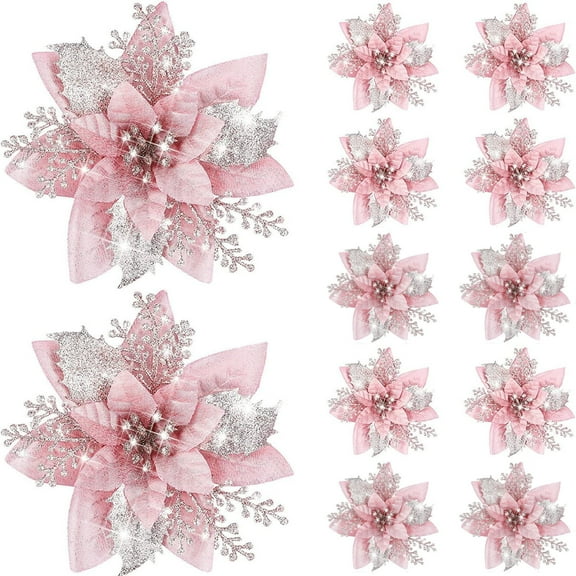 12Pcs Pink Glitter Christmas Poinsettia Flowers with Clips  5.9" Artificial Glitter Blooms for Xmas Tree, Wreath, Wedding & Party Holiday Decor