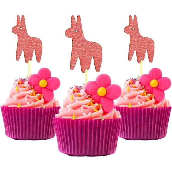 12Pcs Pink Glitter Donkey Pinata Cupcake Toppers, Mexican Burro Cupcake Picks for Fiesta Cinco De Mayo Kids Birthday Party Dessert Decor Supplies