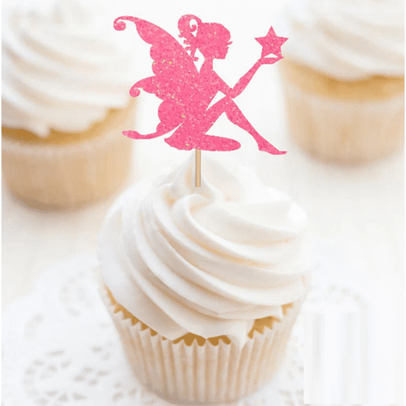 12Pcs Pink Glitter Fairy Cupcake Toppers Winged Fairy Silhouette Holding Star Cake Picks Princess Girls Birthday Fairy Tale Baby Shower Magical Forest Party Dessert Decorations