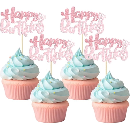 12Pcs Pink Glitter "Happy Birthday" Cupcake Toppers with Stars, Birthday Party Cake Decorations for Girls