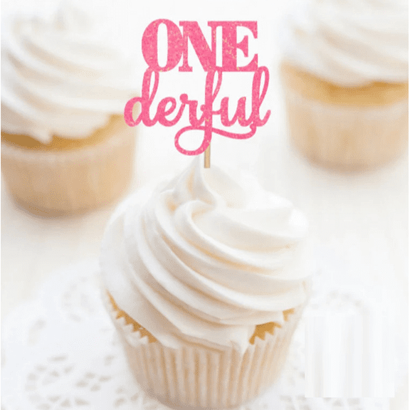 12Pcs Pink Glitter ONEderful Cupcake Toppers Onederful 1st Birthday Cake Picks Baby Girl First Birthday Smash Cake Party Dessert Decorations