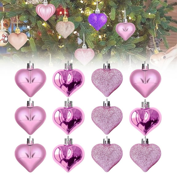 12Pcs Pink Heart Ornaments – Multi-Finish Matte/Glossy/Glitter Heart Baubles for Valentine’s Day, Mother’s Day, Christmas Tree, Wedding, Anniversary & Party Decorations (1.77in)