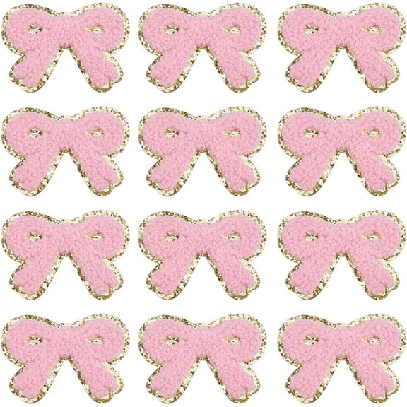 12Pcs Pink Knot Patches Iron On Applique Polyester Embroidered Lace Trim Gold Sparkling Edgings Sticker Cute Bows Patch for Sewing Making Clothing Decor Wedding Dress DIY Craft Supply diy