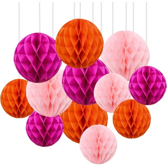 12Pcs Pink Orange Hanging Honeycomb Balls Decorations, Tissue Paper Pom Poms for Wedding Birthday Party Decor(6" 10")