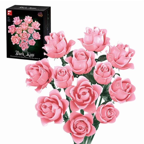 12Pcs Pink Rose Bouquet Building Set Artificial Flower Floral Gothic Home Decor Collection Gifts for Women Christmas