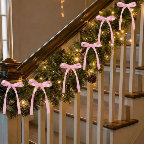 12Pcs Pink Velvet Ribbon Bows Christmas Tree Decorations,5.9in x 3.14in Xmas Ornaments for Tree Home Party Front Door Wreath Holiday Decor