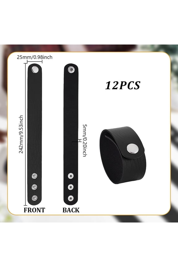12Pcs Plain Punk Leather Bracelets Black Snap Bracelets Blank Leather Cuff Wristband DIY Craft Wristbands for DIY Craft Jewelry Making Customizing Bangle 9.53x0.98 Inch