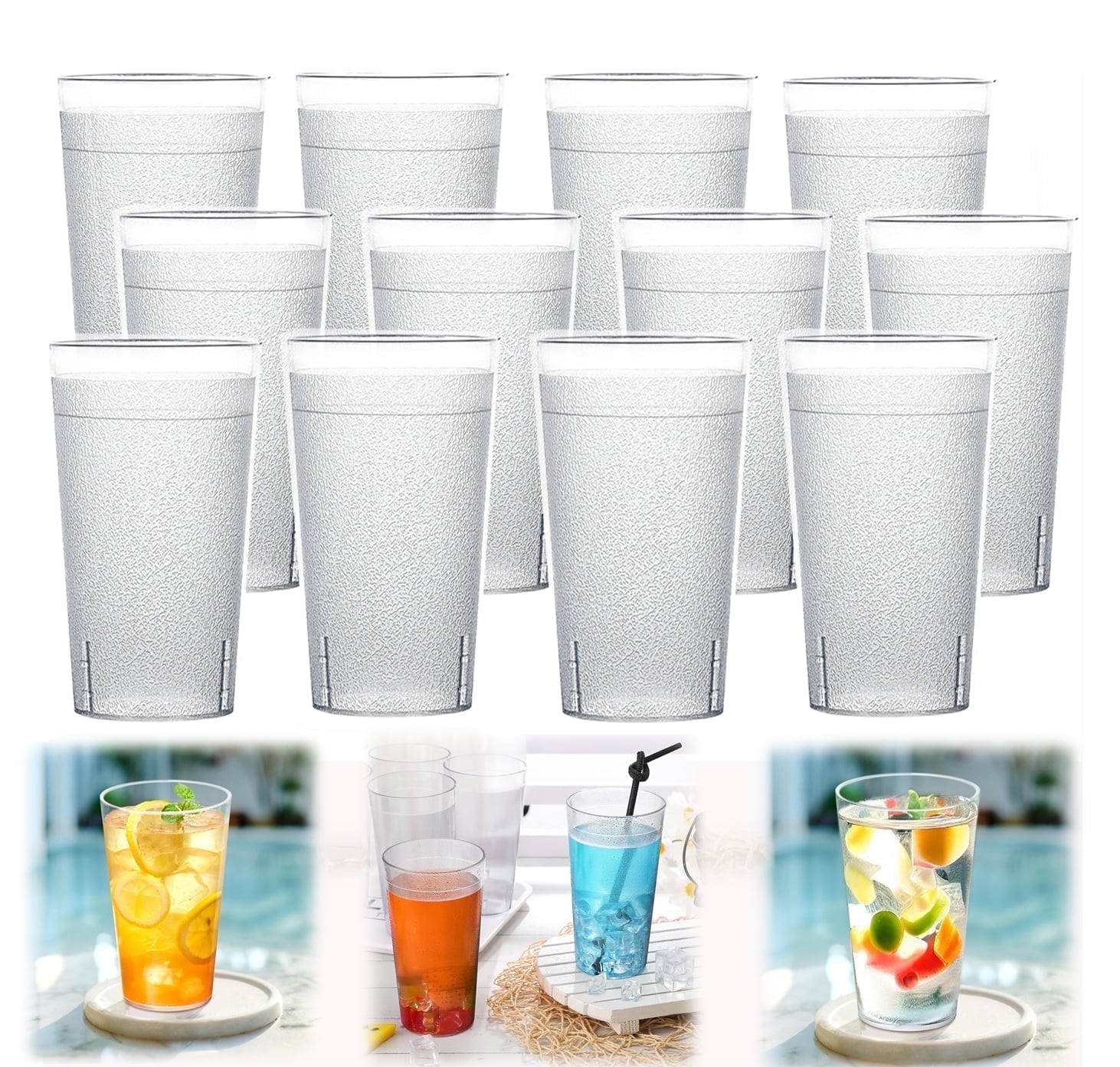 12Pcs Plastic Cups Reusable, Plastic Reusable Tumblers,Stackable and Shatterproof Drink Tumblers, Tumblers Set for Kitchen Outdoor Parties Picnics Travels (Transparent，480ml/16oz )