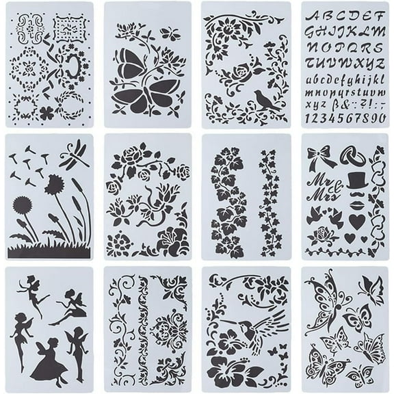 12Pcs Plastic Drawing Stencil Hollow Hand Accounts Ruler Template For DIY Scrapbooking Plants/Butterfly/Alphabet/Fairy Pattern 262x176mm