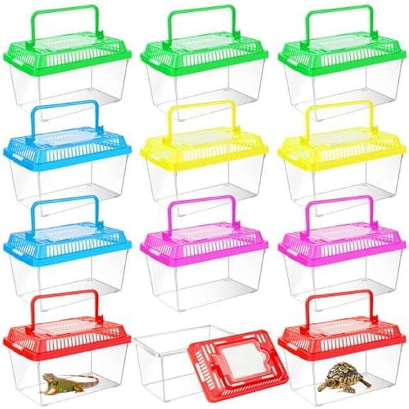 12Pcs Plastic Reptile Terrariums Carrier Cage Tarantula Enclosure Snake Breeding Box Hatching Container Transparent Fish Tank Turtle Aquarium with Random Color Lid for Spider,XS(5.1”x 3.5”x 3.5”