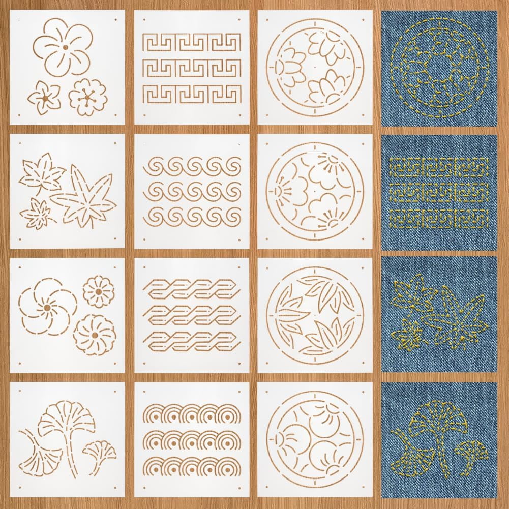 12Pcs Plastic Sashiko Stencil 5x5inch Flowers Leaves Continuous Pattern ...
