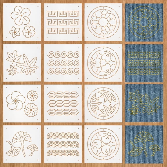 12Pcs Plastic Sashiko Stencil 5x5inch Flowers Leaves Continuous Pattern Embroidery Tool Drawing Line Template for Hand Quilting and Embroidery 0.3mm Thick