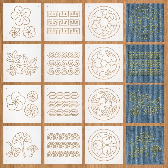 12Pcs Plastic Sashiko Stencil 5x5inch Flowers Leaves Continuous Pattern Embroidery Tool Drawing Line Template for Hand Quilting and Embroidery 0.3mm Thick
