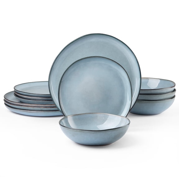 Onader 12 Piece Dinnerware Sets, Plates and Bowls Dish Set for 4, Irregular Handmade Dinner Ware Dishware for Kitchen Dinning, Microwave & Dishwasher Safe - Smoky Blue