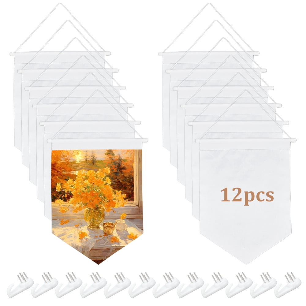 12Pcs Polyester Blank Flag with Stick and 12Pcs Plastic Non-Trace Nail Hangers for Hanging Picture Photo Frame White 455x120x0.1mm for diy