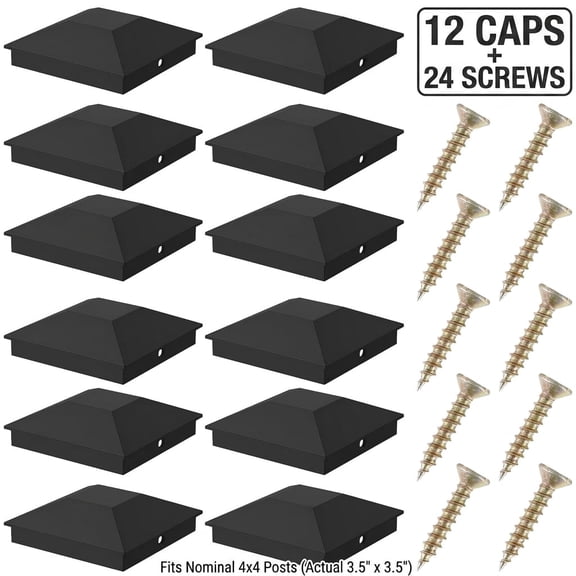12-Pack Black 4x4 Fence Post Caps (Inner Size 3.6" x 3.6"), Heavy Duty Pyramid Deck Post Caps with 24 Anti-Rust Screws, Waterproof PP Plastic Post Covers for Wooden Fence Post, Porch Railing