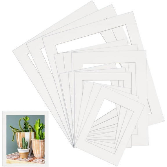 12Pcs Pre Cut Photo Matting Picture Mat Board Kit 5 x 7in/6 x 8in/8 x 10in/10 x 12in White Hollow Rectangle Paper Blank Display Album Pack Accessories for Photos Pictures Wall Artwork Decor DIY