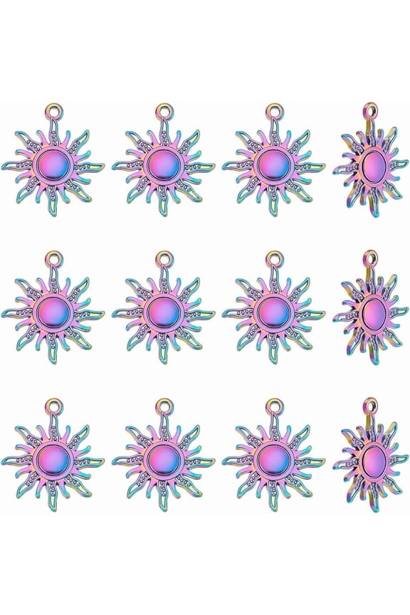 12Pcs Rainbow Color Sun Charms Pendants 28x24x2mm Alloy Sun Pendants Etched Metal Embellishments With 1.8mm Hole for DIY Necklace Bracelet Jewelry Making Crafting and Findings Rainbow Color