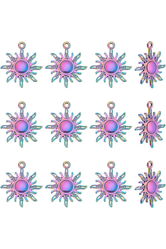 12Pcs Rainbow Color Sun Charms Pendants 28x24x2mm Alloy Sun Pendants Etched Metal Embellishments With 1.8mm Hole for DIY Necklace Bracelet Jewelry Making Crafting and Findings Colorful