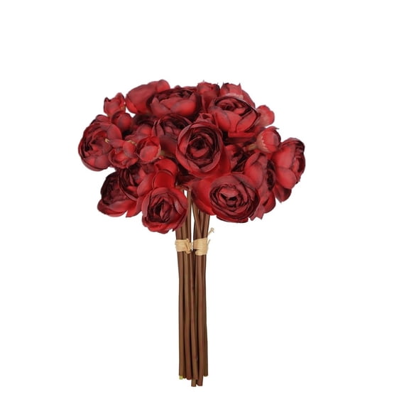 12Pcs Ranunculus Artificial Flowers - 2 Bouquets Silk Fake Flowers with Stems for Wedding, Bridal Shower, Centerpiece Decor & DIY Crafts (Dark Red)