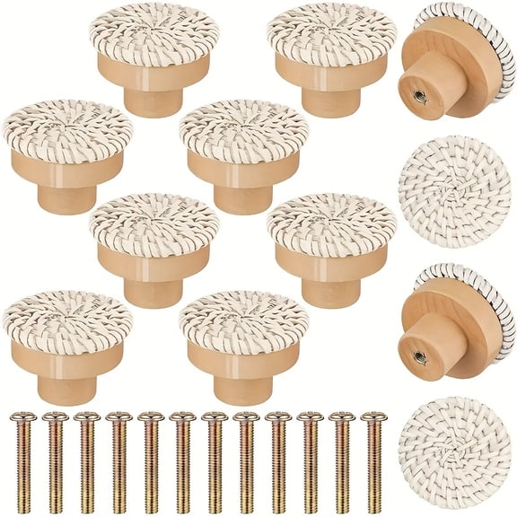 12Pcs Rattan Cabinet Knobs Beech Wood Drawer Knobs Handwoven Wicker Dresser Knobs with Screws for Dresser Drawers Cabinets Wardrobes Boho Furniture Decor