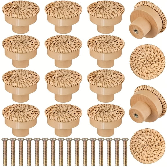 12Pcs Rattan Cabinet Knobs Beech Wood Drawer Knobs Handwoven Wicker Dresser Knobs with Screws for Dresser Drawers Cabinets Wardrobes Boho Furniture Decor