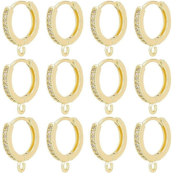 12Pcs Real 18K Gold Plated Huggie Hoop Earring with Loops Lever Back Dangle Rhinestone Hoop Earring Round Stud Ear Wires 16x14mm for DIY Earring Jewelry Making Silver