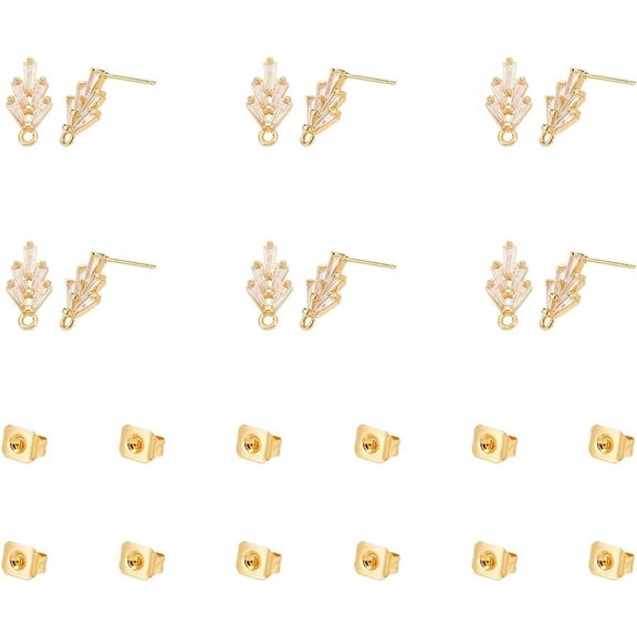 12Pcs Real 18K Gold Plated Stud Earrings Rhinestone Leaf Stud Earring Post Finding with Loop and Earring Backs Diamond Ear Studs for DIY Earring Jewelry Findings Accessories