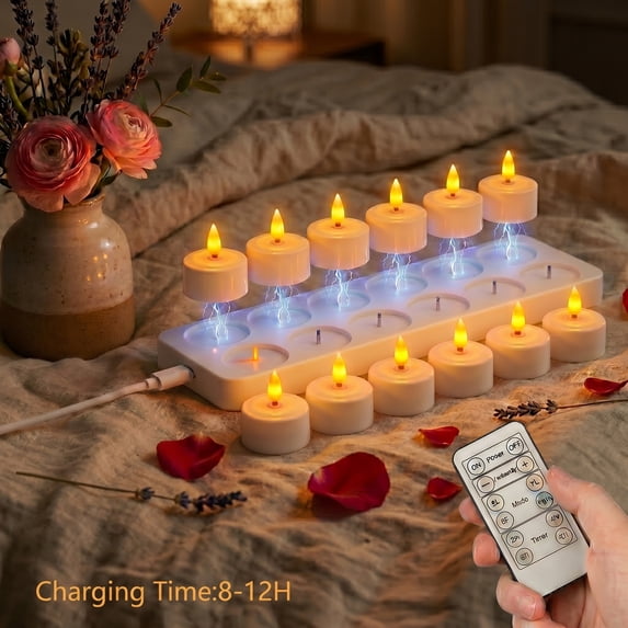 Modern Madame 12Pcs Rechargeable LED Tealight Candles with Remote and Timer, Charging Base, Warm Flickering Flameless Tea Lights for Home Decor