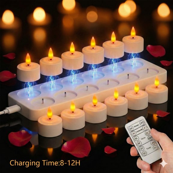12Pcs Rechargeable Flameless LED Tea Lights with Charging Base and Remote, Timer, Safe Warm White