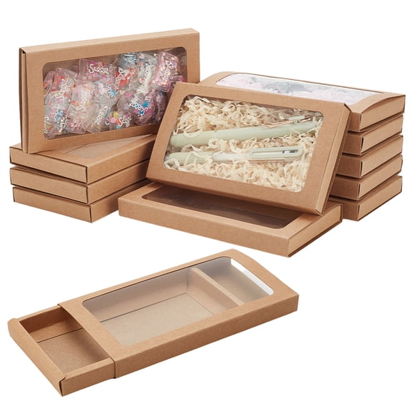 12Pcs Rectangle Kraft Paper Boxes Brown Bakery Favor Boxes 6.33.40.6Inches Gift Boxes with Clear PVC Windows for Bakery Wedding and Party