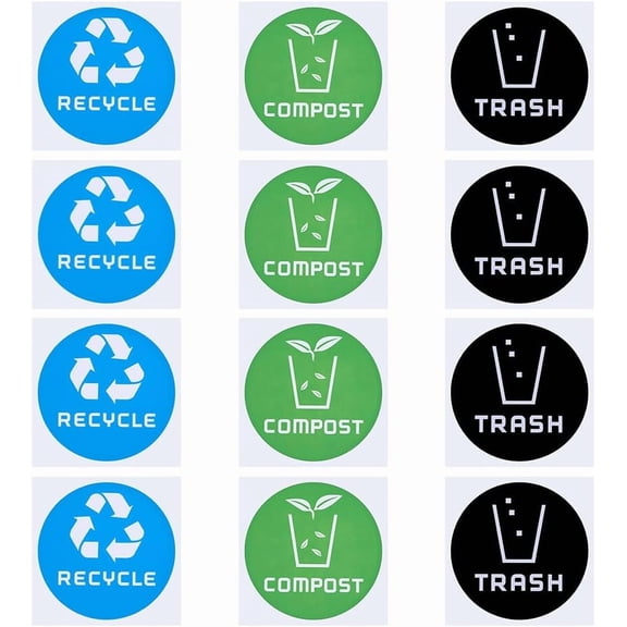 12Pcs Recycle Sticker Trash Bin Label 4.21x4.21 Recycle Trash Compost Stickers Plastic Trash Recycle Stickers Trash Bin Label for DIY Making