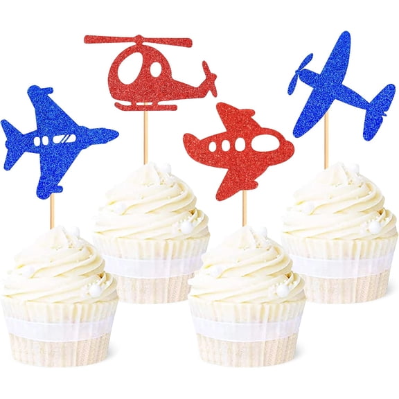 12Pcs Red Blue Glitter Airplane Helicopter Cupcake Toppers, Vintage Plane Aircraft Cupcake Picks for Little Pilot Boys Birthday Travel Theme Party Cupcake Decor