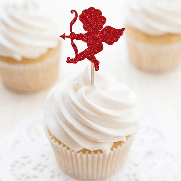 12Pcs Red Glitter Cupid Cupcake Toppers Cherub Angel Bow Arrow Cake Picks Valentines Day Wedding Engagement Bridal Shower Romantic Party Dessert Decorations