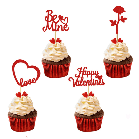 12Pcs Red Glitter Valentines Day Cupcake Toppers Love Heart Rose Be Mine Happy Valentines Cake Picks Wedding Anniversary Couple Romantic Party Cupcake Muffin Dessert Decorations