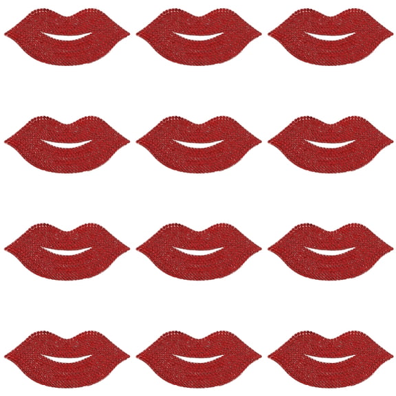 12Pcs Red Rhinestone Lips Patches Iron-On Applique 83x41mm Bling Beaded Decals Kiss Shape Gem Stickers