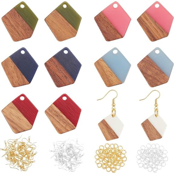 12Pcs Resin Wooden Earring Pendants Polygon Resin Walnut Wood Earring Findings Vintage Resin Wood Statement Earring with 24Pcs Hooks and 24Pcs Jump Ring for Earring Making - 6 Colors Making DIY