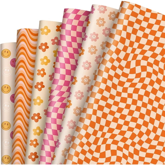 12Pcs Retro Groovy Wrapping Paper Boho Daisy Face Checkered Gift Wrap Bulk Art Paper Folded Flat for Baby Shower Birthday Wedding DIY Crafts Gift Packing, 19.7 x 27.6 Inch
