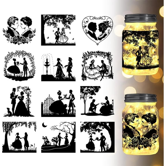 12Pcs Retro Lovers Silhouette Jar Cutouts Couple Wedding Plastic Silhouette Wall Decals (Not Stickers) Lantern Jar Cutouts Window Lamp Decals Glass Decorations Art Mural Home Decor for DIY