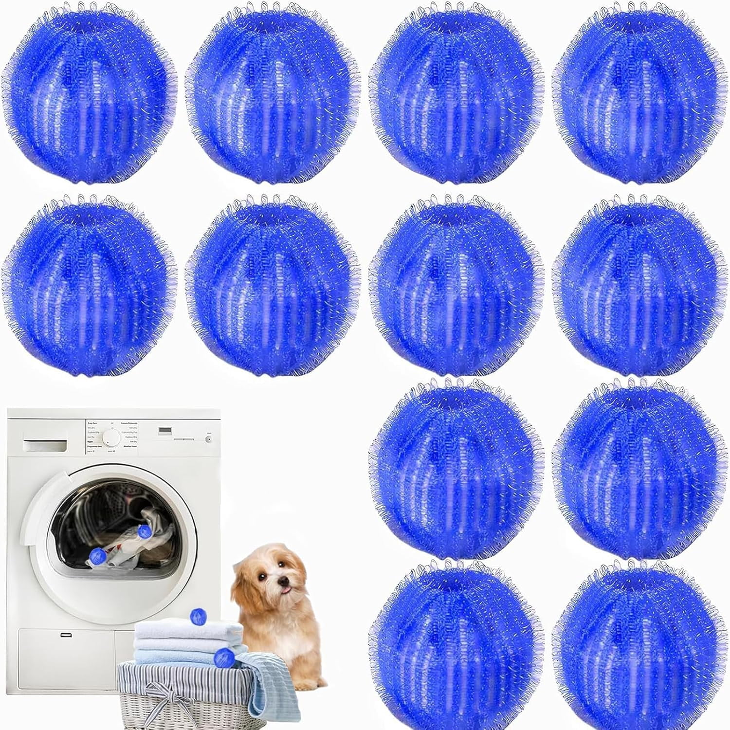12Pcs Reusable Pet Hair Remover Balls for Laundry - Washing Machine Hair Catcher, Microfiber Dog Cat Lint Removal, Royal Blue Dryer Balls Safe on Fabric